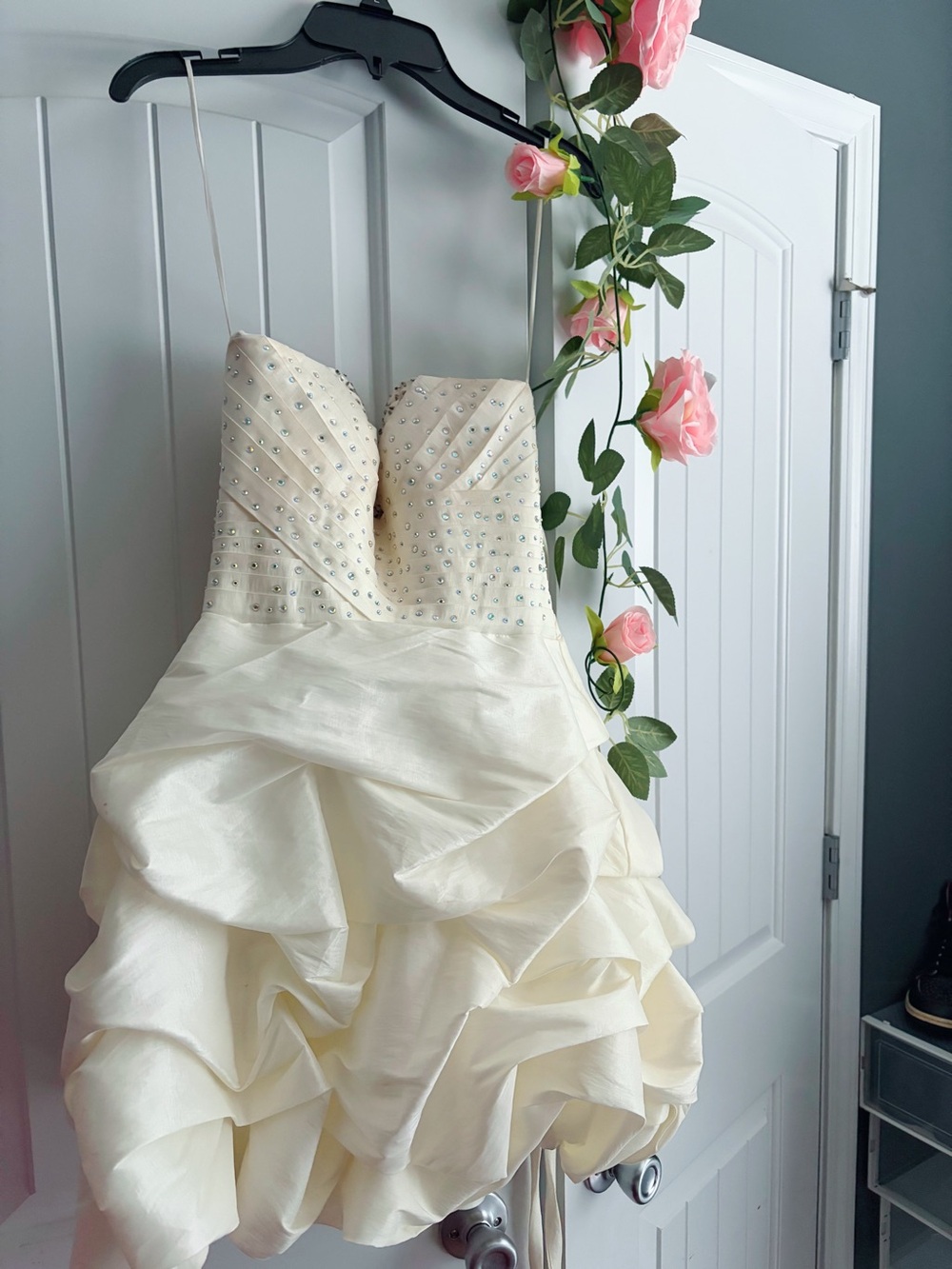 Cream Strapless Beaded Bubble Hem Dress